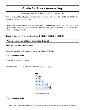 Area practice solutions (3rd Grade) – first page of the printable PDF