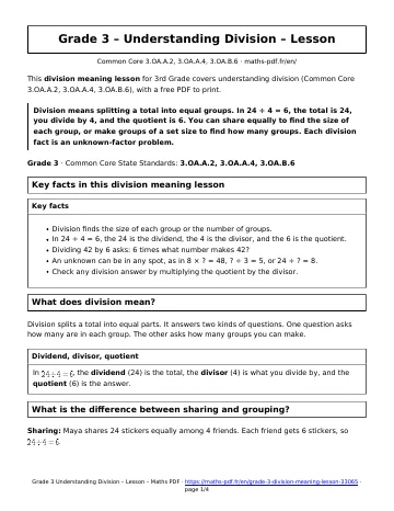 Division meaning lesson (3rd Grade) – first page of the printable PDF