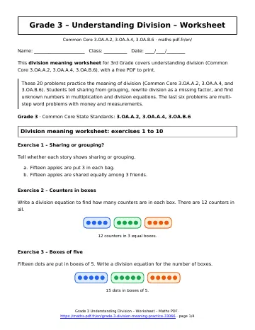 Division meaning worksheet (3rd Grade) – first page of the printable PDF