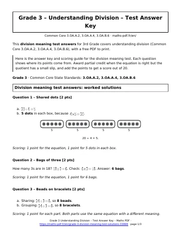 Division meaning test answers (3rd Grade) – first page of the printable PDF