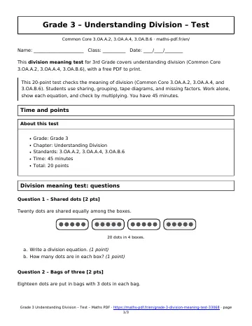 Division meaning test (3rd Grade) – first page of the printable PDF