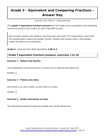 Grade 3 equivalent fractions answers (3rd Grade) – first page of the printable PDF