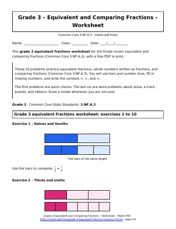Grade 3 equivalent fractions worksheet (3rd Grade) – first page of the printable PDF