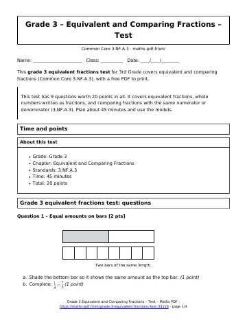 Grade 3 equivalent fractions test (3rd Grade) – first page of the printable PDF