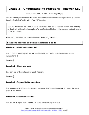 Fractions practice solutions (3rd Grade) – first page of the printable PDF