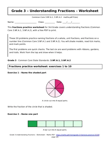 Fractions practice worksheet (3rd Grade) – first page of the printable PDF