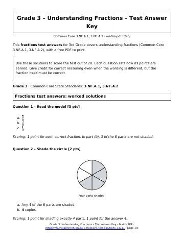 Fractions test answers (3rd Grade) – first page of the printable PDF
