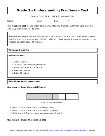 Fractions test (3rd Grade) – first page of the printable PDF