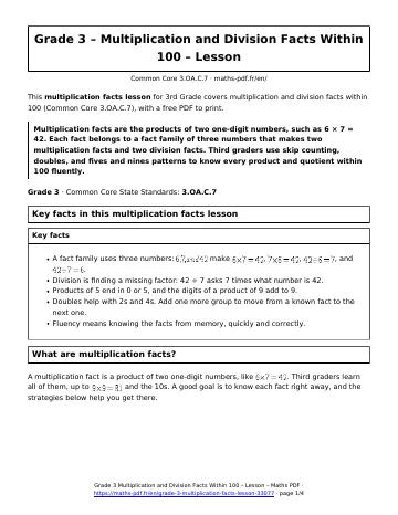 Multiplication facts lesson (3rd Grade) – first page of the printable PDF