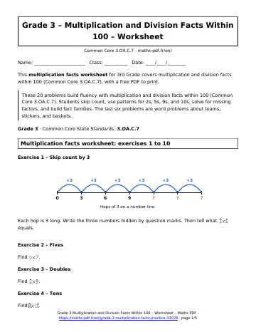Multiplication facts worksheet (3rd Grade) – first page of the printable PDF