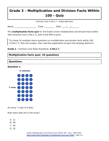 Multiplication facts quiz (3rd Grade) – first page of the printable PDF