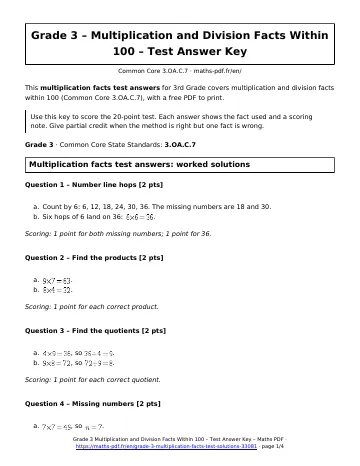 Multiplication facts test answers (3rd Grade) – first page of the printable PDF