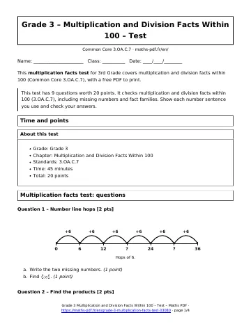 Multiplication facts test (3rd Grade) – first page of the printable PDF