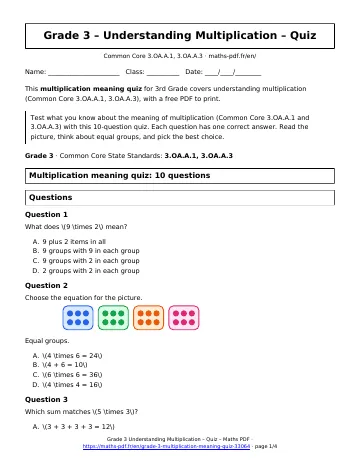 Multiplication meaning quiz (3rd Grade) – first page of the printable PDF