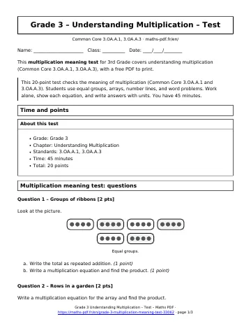 Multiplication meaning test (3rd Grade) – first page of the printable PDF