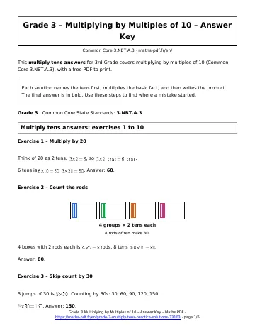 Multiply tens answers (3rd Grade) – first page of the printable PDF