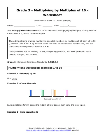 Multiply tens worksheet (3rd Grade) – first page of the printable PDF