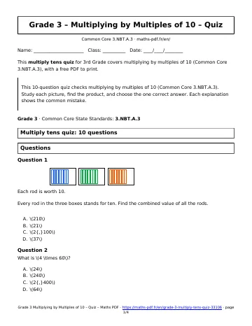 Multiply tens quiz (3rd Grade) – first page of the printable PDF