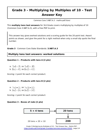 Multiply tens test answers (3rd Grade) – first page of the printable PDF