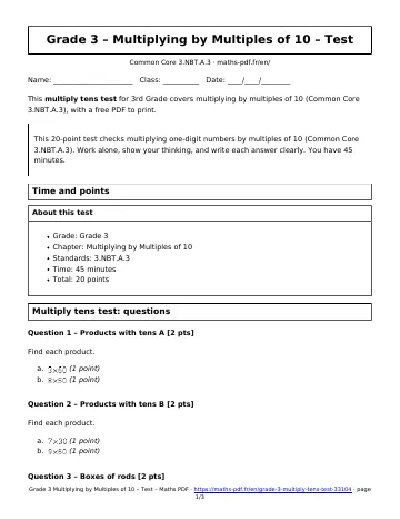 Multiply tens test (3rd Grade) – first page of the printable PDF