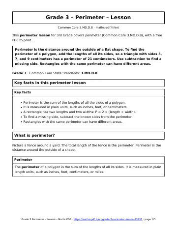 Perimeter lesson (3rd Grade) – first page of the printable PDF
