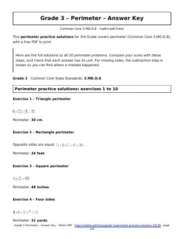 Perimeter practice solutions (3rd Grade) – first page of the printable PDF