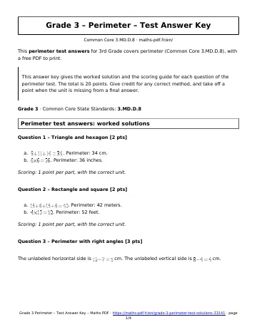 Perimeter test answers (3rd Grade) – first page of the printable PDF