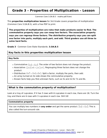 Properties multiplication lesson (3rd Grade) – first page of the printable PDF