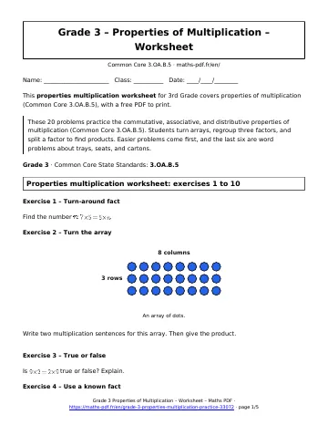 Properties multiplication worksheet (3rd Grade) – first page of the printable PDF