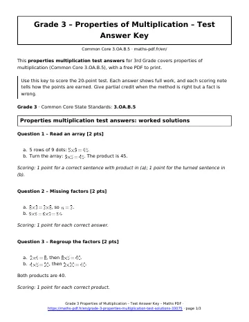Properties multiplication test answers (3rd Grade) – first page of the printable PDF