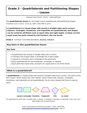 Quadrilaterals lesson (3rd Grade) – first page of the printable PDF