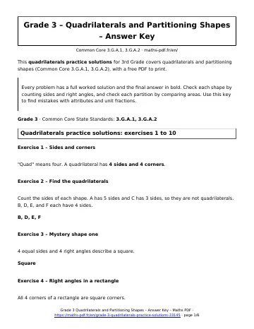 Quadrilaterals practice solutions (3rd Grade) – first page of the printable PDF