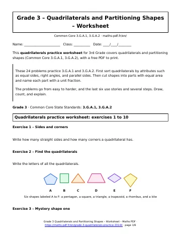 Quadrilaterals practice worksheet (3rd Grade) – first page of the printable PDF