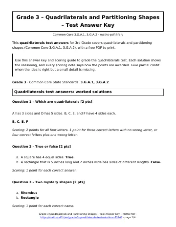 Quadrilaterals test answers (3rd Grade) – first page of the printable PDF