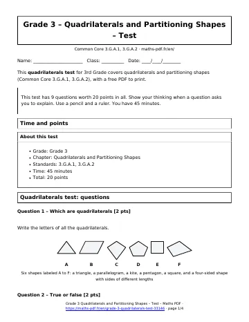 Quadrilaterals test (3rd Grade) – first page of the printable PDF