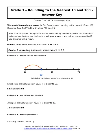 Grade 3 rounding answers (3rd Grade) – first page of the printable PDF