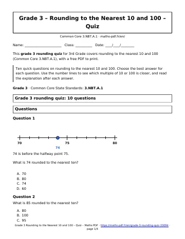 Grade 3 rounding quiz (3rd Grade) – first page of the printable PDF