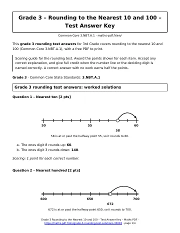 Grade 3 rounding test answers (3rd Grade) – first page of the printable PDF