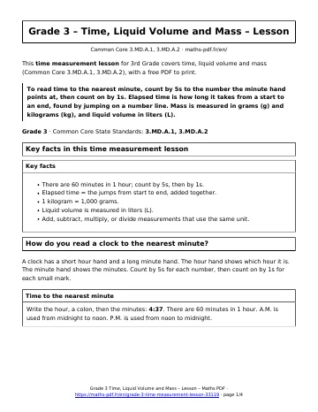 Time measurement lesson (3rd Grade) – first page of the printable PDF