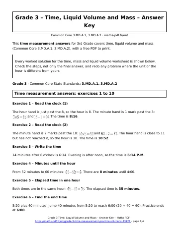 Time measurement answers (3rd Grade) – first page of the printable PDF