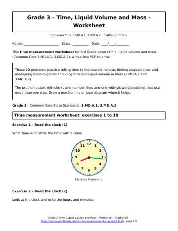 Time measurement worksheet (3rd Grade) – first page of the printable PDF