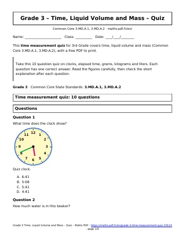 Time measurement quiz (3rd Grade) – first page of the printable PDF