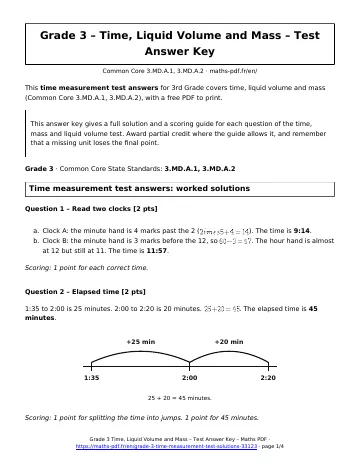 Time measurement test answers (3rd Grade) – first page of the printable PDF