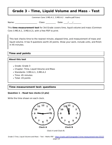 Time measurement test (3rd Grade) – first page of the printable PDF