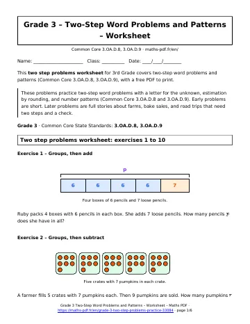 Two step problems worksheet (3rd Grade) – first page of the printable PDF