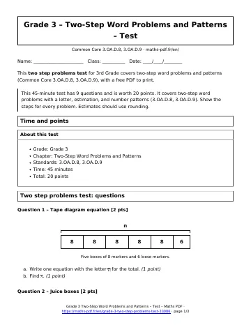 Two step problems test (3rd Grade) – first page of the printable PDF