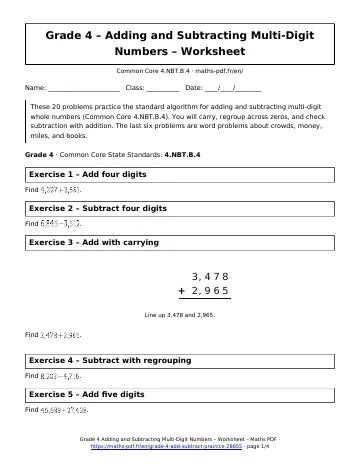 Add subtract worksheet (4th Grade) – first page of the printable PDF