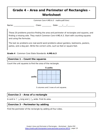 Area perimeter worksheet (4th Grade) – first page of the printable PDF