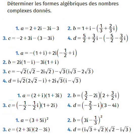 Formes algébriques de nombres complexes : exercices en terminale.