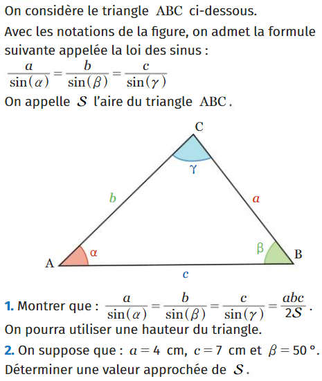 Loi des sinus et aire d'un  triangle : exercices en 1ère.
